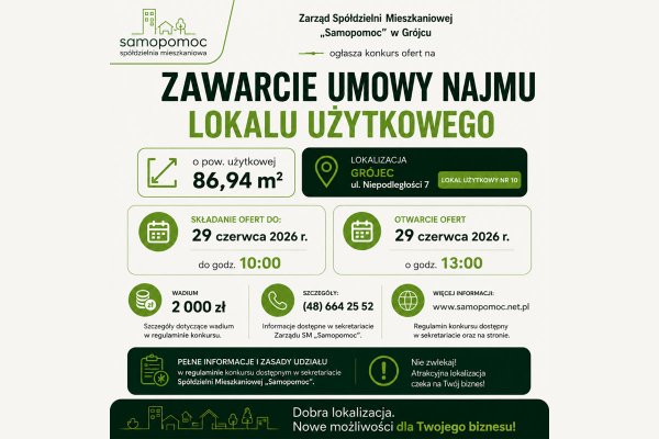 Lokal użytkowy do wynajęcia w centrum Grójca. SM „Samopomoc” ogłasza konkurs ofert