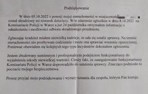 Policjanci odzyskali skradziony dziecięcy rower. Właściciel podziękował mundurowym