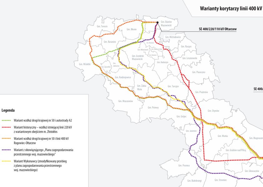 Wybrany przebieg linii oznaczony kolorem fioletowym (fot. kozienice-oltarzew.eu)