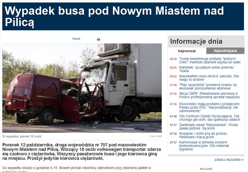 O wypadku pisay wszystkie media w kraju (fot. tvn24.pl)