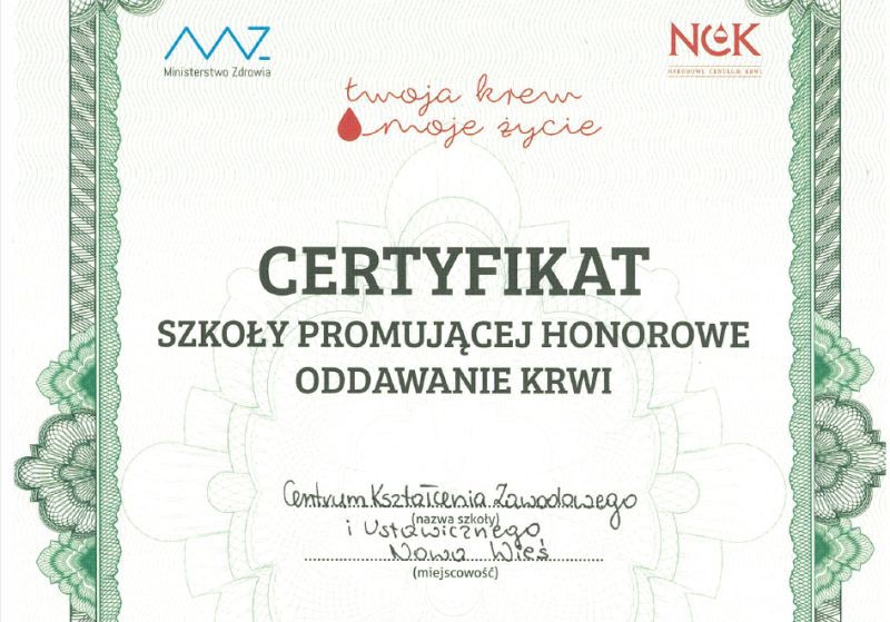 Certyfikat dla CKZiU w Nowej Wsi